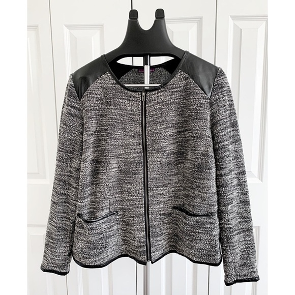 BEVERLY DRIVE Lightweight Casual Boucle Jacket w/ Faux Leather Detail, Zip Front - Picture 1 of 7
